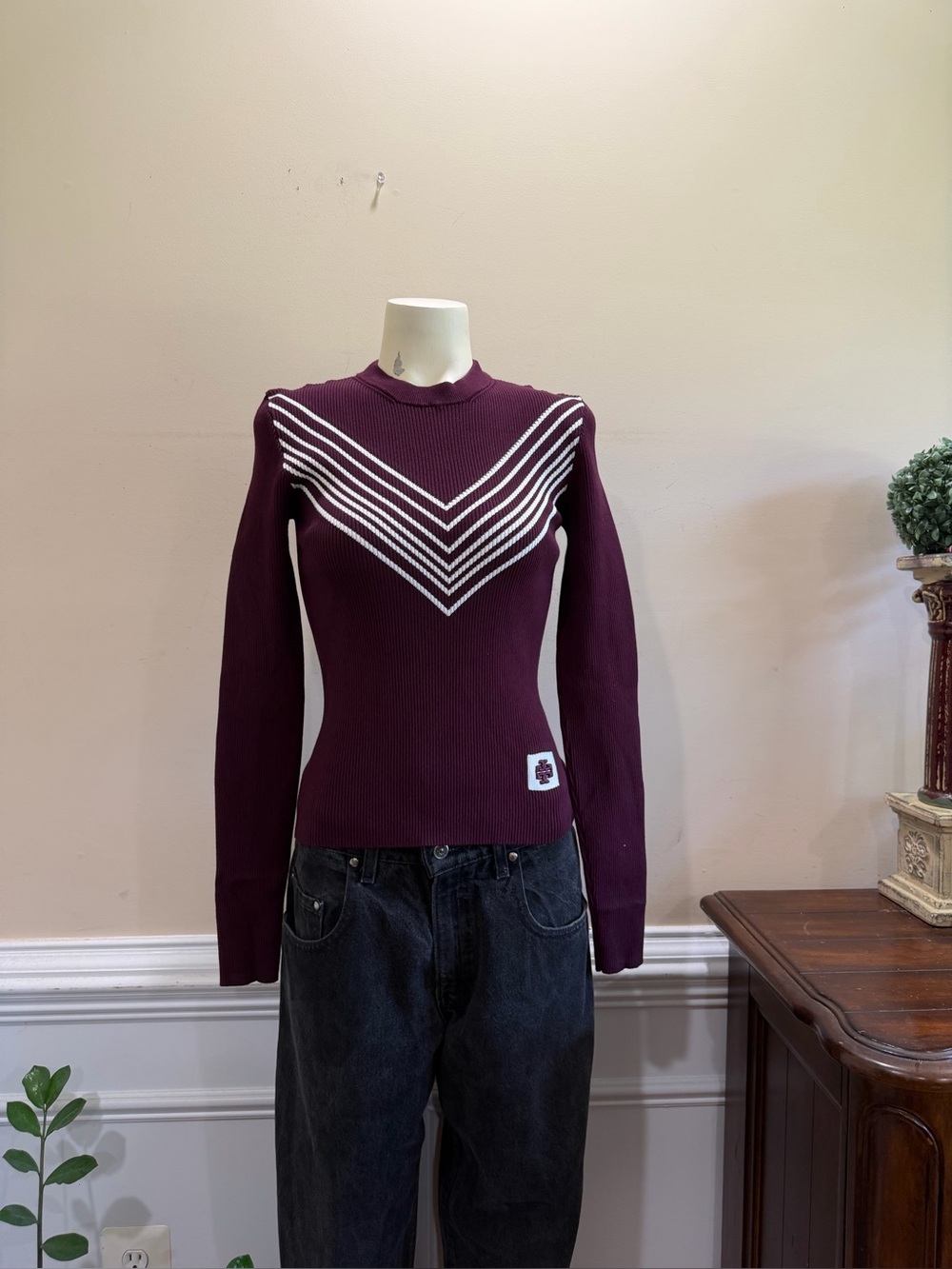 Tory Burch Plum Ribbed Sweater with White Chevron Stripes